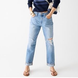 J Crew Slouchy Boyfriend Jeans Medium Blue‎ Distressed Ripped Knees Size 26